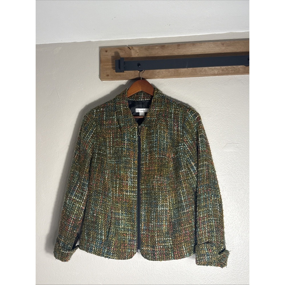 CJ Banks Tweed Jacket Women's X 14W Multi-Color Green Zip Up Lined Excellent